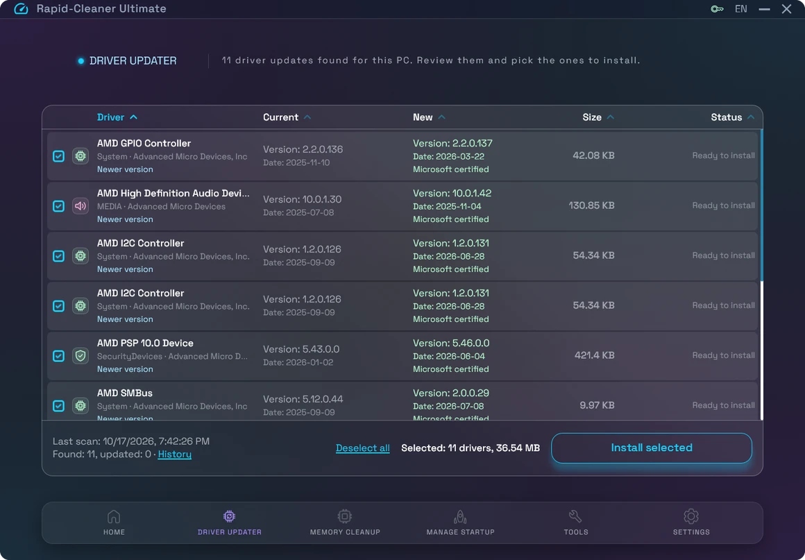 Rapid-Cleaner Driver Updater listing device drivers with newer versions