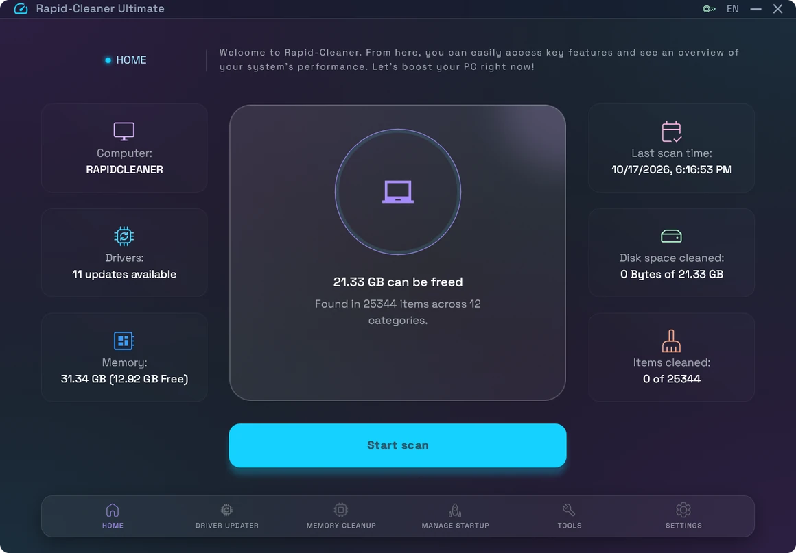 Rapid-Cleaner main window showing the AI system scan and one-click optimization