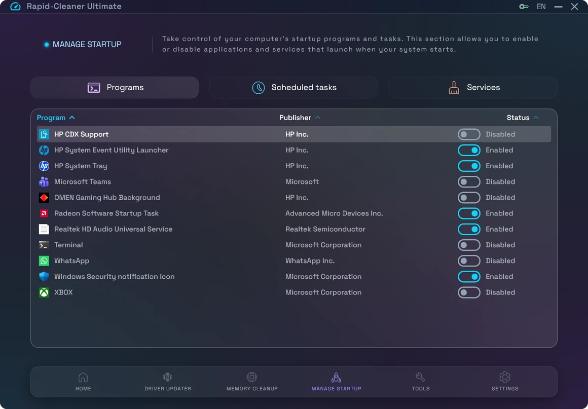 Rapid-Cleaner Startup Manager listing the apps that launch with Windows
