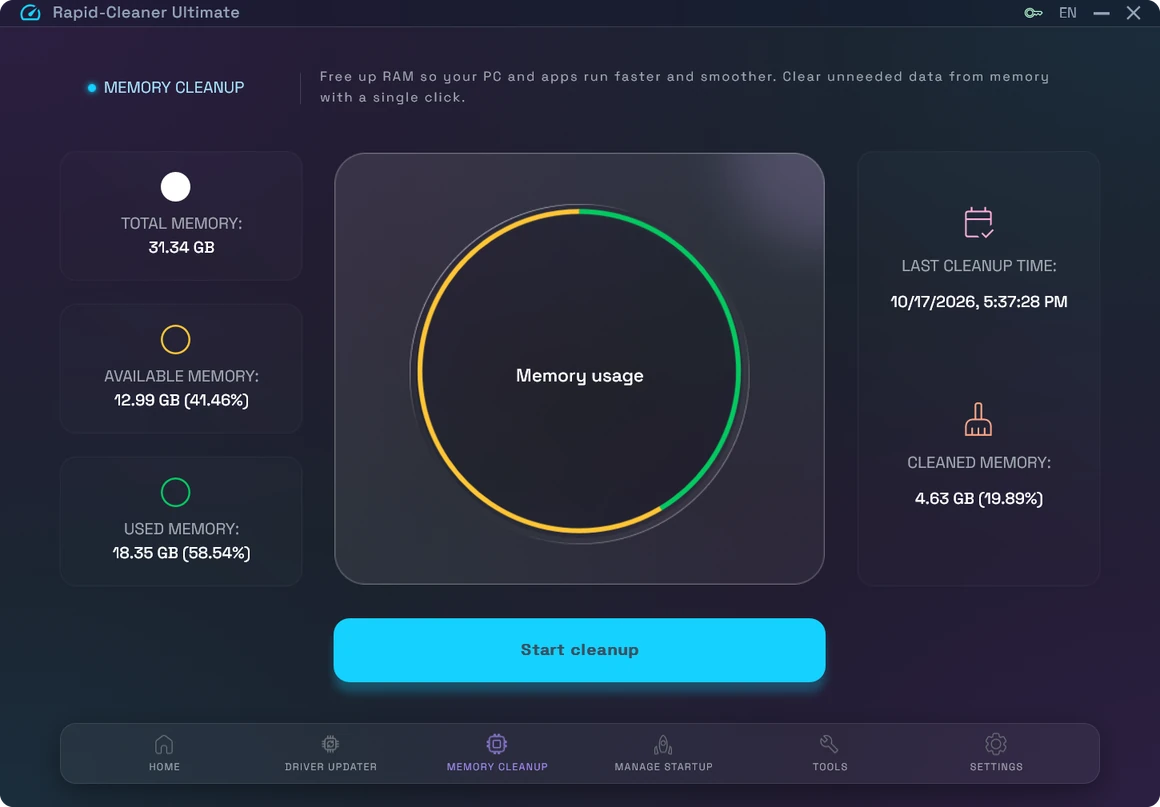 Rapid-Cleaner memory optimization screen showing RAM usage and freed memory