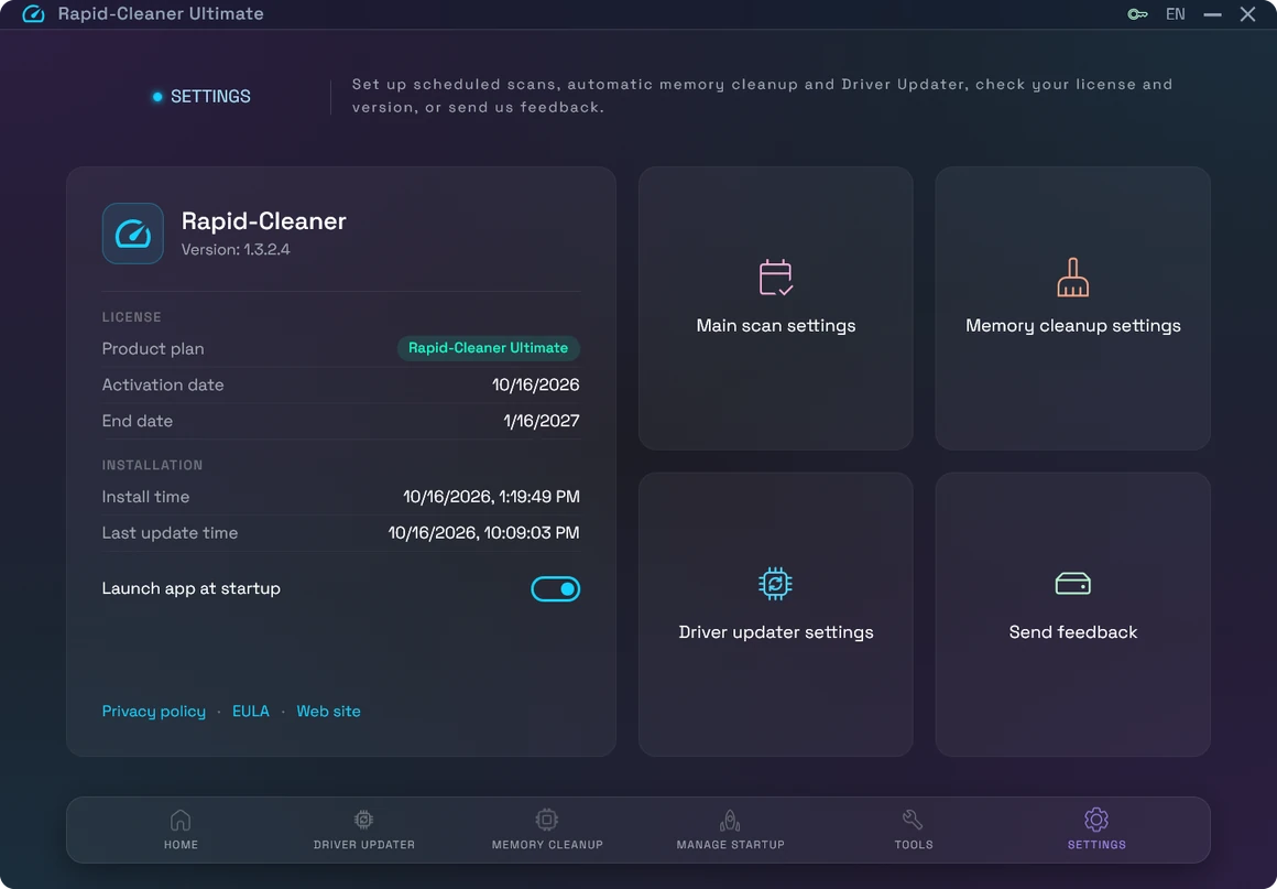 Rapid-Cleaner settings screen with scheduled scans and cleanup options